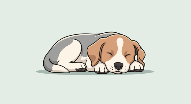 A cute cartoon beagle puppy dog sleeping peacefully on a light blue background