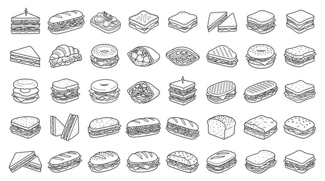 Collection of various isometric sandwiches and bread rolls in a line drawing style.