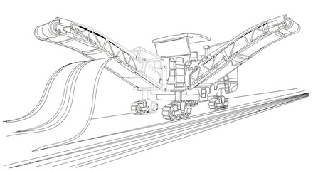 Road Milling Machine Wireframe Drawing - Construction Equipment Line Art © chici