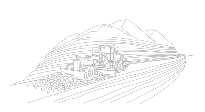 Motor Grader Leveling Gravel Road Construction in Mountainous Terrain