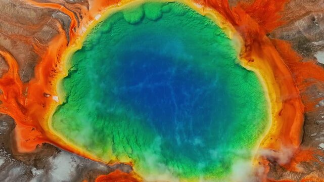 Sunny morning Midway Geyser Basin vibrant turquoise hot springs pool Grand Prismatic Spring earth aerial drone Yellowstone National Park Wyoming thermal steam Boardwalk trail nature landscape upwards