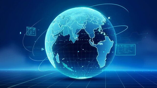 Digital futuristic globe with world map and technology network connections in blue background