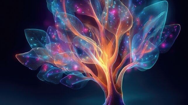 Glowing, translucent tree with vibrant, luminous particles and glowing core