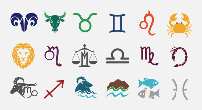 A collection of twelve colorful zodiac sign symbols arranged in a grid