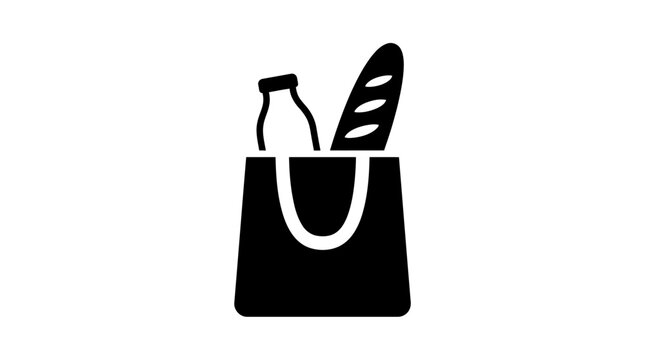 Minimalist solid black graphic of a grocery bag filled with essential provisions like a bottle and a baguette, representing daily consumer needs and household shopping