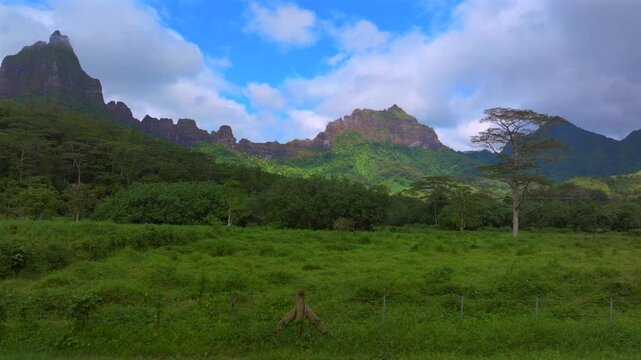 Belvedere Lookout Mount Toheia Mt Rotui dramatic volcanic tall jagged peaks rugged terrain Moorea French Polynesia aerial drone jungle trees lush green valley sunny morning blue sky clouds left motion