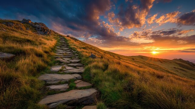 Stone path ascends grassy hill toward vibrant sunset over clouds