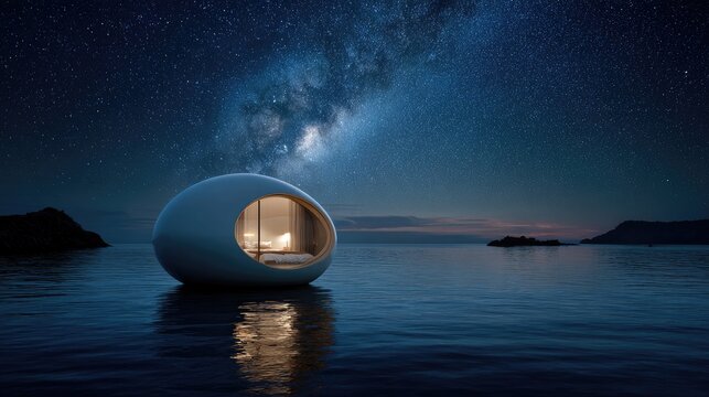 Futuristic orb dwelling floats on calm water under starry sky