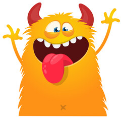 Cartoon cute and funny monster with scary face expression waving hands . Vector illustration isolated on white. For Halloween party decoration design © drawkman