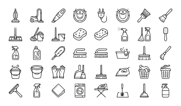 Cleaning tools icon set vacuum mop and brush vector illustration
&lrm;