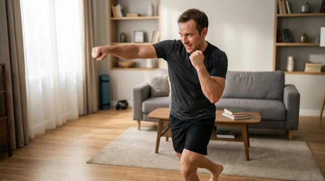 Man practicing boxing in living room. Athletic male shadowboxing at home during workout. Healthy lifestyle and home fitness concept
