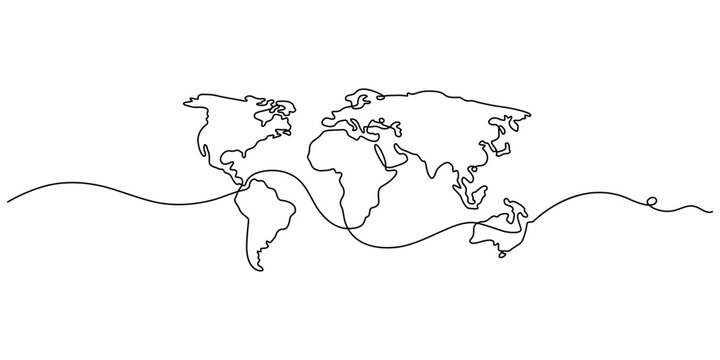 Continuous line drawing World map, continuous line drawing, minimalist globe, geography illustration, vector