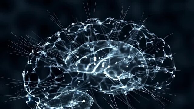 Abstract representation of a human brain with glowing neural connections. Visualizing cognitive processes and the complexity of human thought