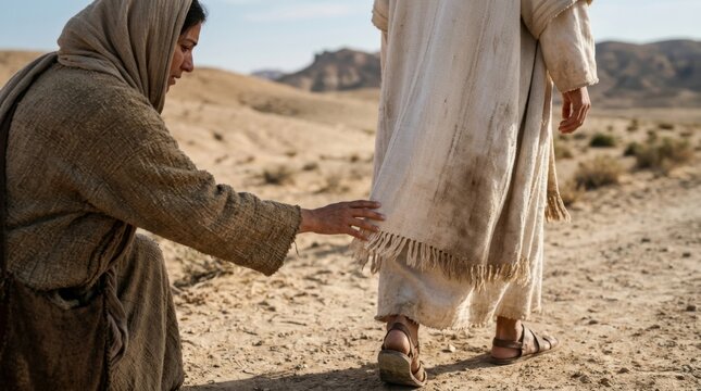 Woman of faith reaching out to touch the hem of Jesus' garment. Biblical scene of healing and devotion in ancient israel.
