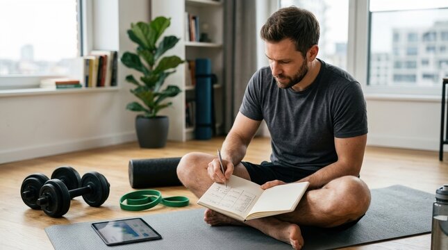Man writing in notebook while sitting on a yoga mat at home. Athletic male planning workout routine with dumbbells and tablet. Fitness tracking and healthy lifestyle concept