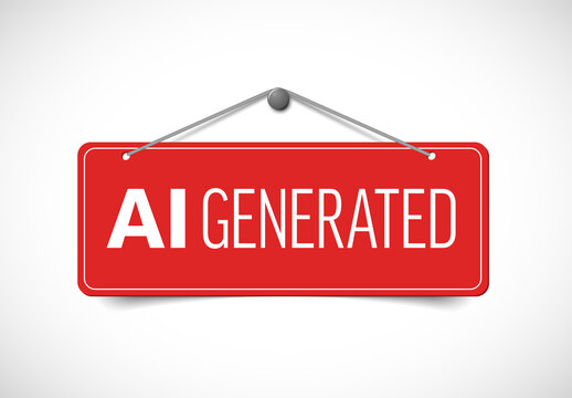 Red Hanging Sign with AI Generated Text Label