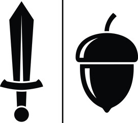 Minimalist dagger and acorn icon vector illustration, black silhouette weapon and nature symbol design, isolated graphic elements on light background © MstNur
