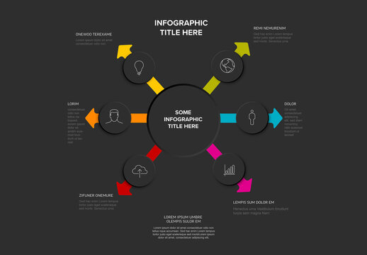 Business Infographic Template with 6 Step Circular Arrows on Dark Background