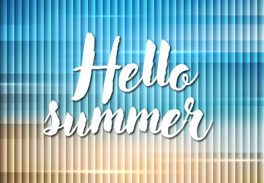 Hello Summer Text on Abstract Geometric Beach Background