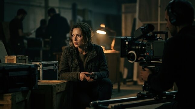 Behind the scenes of a movie production. Female actor holding a flashlight performing a tense scene on a dark warehouse set. Cinematographer filming with a professional cinema camera on a dolly
