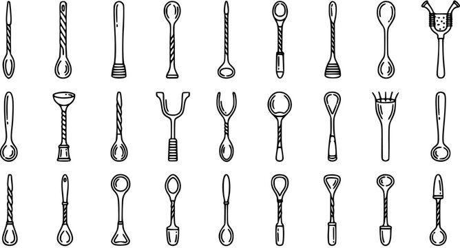 Food and Drink Barware Collection: Diverse Cocktail and Stirring Spoons in Hand-Drawn Black and White Line Art Style
