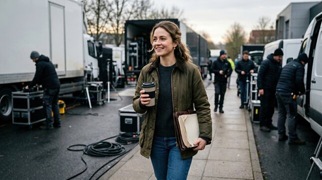 Smiling female producer walking on a film set with coffee and script. Behind the scenes of a movie production basecamp with crew and equipment trucks