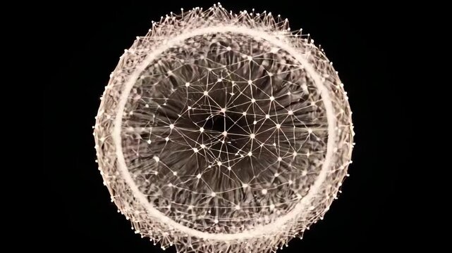 Artificial intelligence agent swarm forming a complex neural network. Digital sphere constellation representing autonomous nodes of interconnected distributed systems.