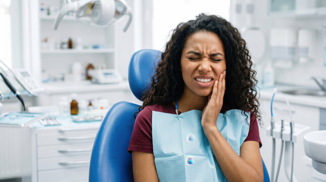 Young African American Woman Feeling Severe Toothache Pain and Holding Her Jaw While Sitting in a Dentist Chair