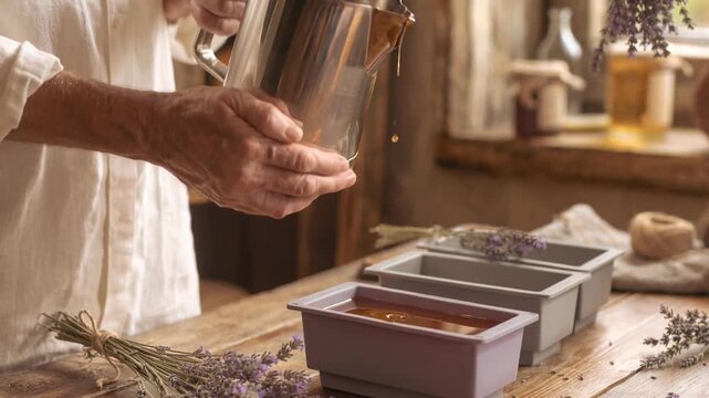 Hand pouring homemade lavender soap mixture into molds in rustic cozy setting for natural skincare