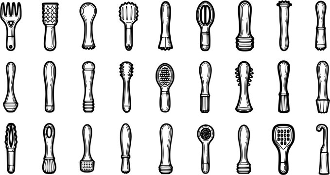 Bar Tools Line Art Icons Set. Hand Drawn Sketch Collection of Cocktail Muddlers, Shakers, and Bartending Utensils for Drink Preparation.