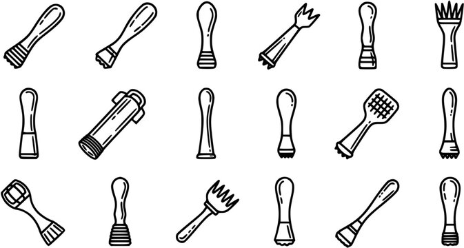 Black and White Line Art Icons Set of Various Cocktail Muddlers. Essential Bar Tools for Mixology Industry Drinks and Beverages.