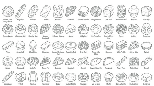 Collection of various baked goods and pastries, illustrated in a simple line art style.