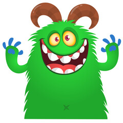 Fototapeta premium Cartoon cute and funny monster with scary face expression waving hands . Vector illustration isolated on white. For Halloween party decoration design