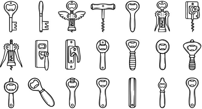 Bottle Openers and Corkscrews Doodle Line Art Icon Set for Food  Drink. Monochrome Barware Tools Collection, Hand-drawn Style
