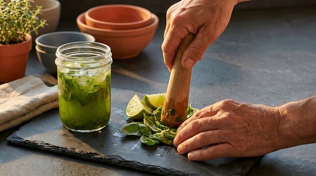 Holistic approach to preparing refreshing green drink by muddling fresh mint and lime