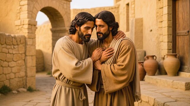 Two men in traditional biblical robes sharing a moment of comfort and compassion in ancient village setting