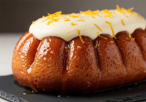Delicious rum baba cake with cream topping and orange zest