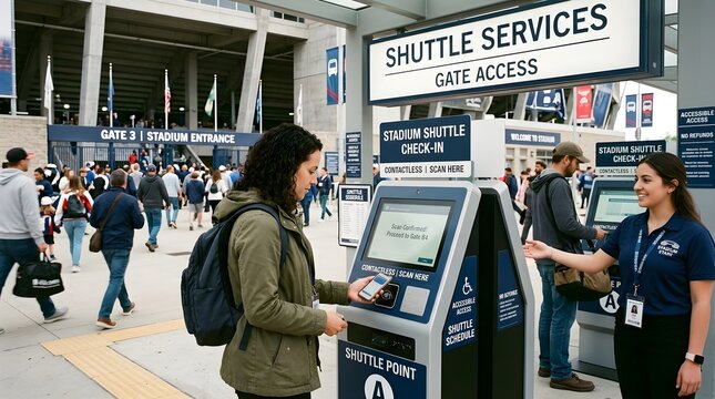 Event attendees use self-service kiosks for shuttle access and check-in at a large venue