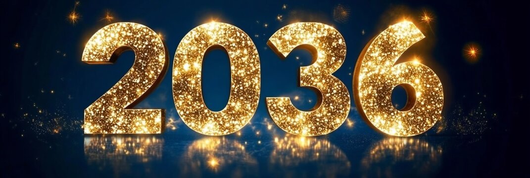 Shimmering Golden 2036 Numbers Announcing a Bright Future Year Against a Dark Backdrop with Sparkles