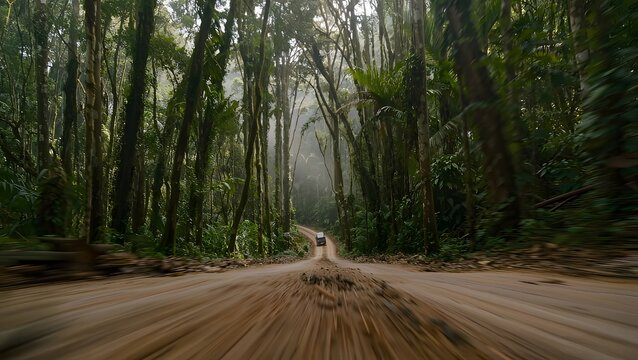 Off-Road Vehicle Driving on Dirt Road Through Lush Tropical Jungle Landscape
