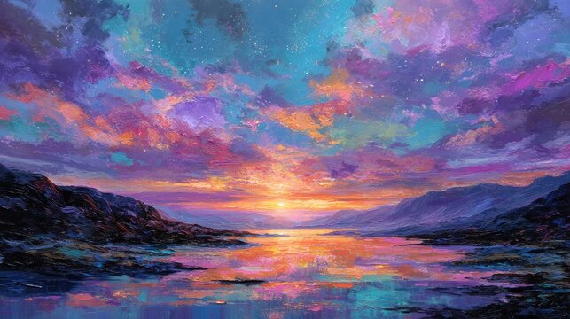Vivid, painted sky ablaze with sunrise over tranquil water, framing mountains