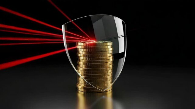 Transparent shield protecting a gold coin stack from red laser beams. Fintech guardian virtual defensive wall concept for financial security and data encryption.