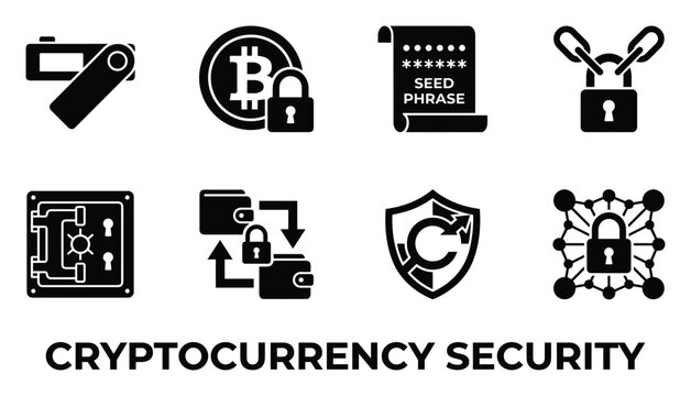 Cryptocurrency security icons set for blockchain protection and digital asset safety, crypto storage and transaction safety.