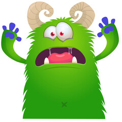 Fototapeta premium Cartoon cute and funny monster with scary face expression waving hands . Vector illustration isolated on white. For Halloween party decoration design
