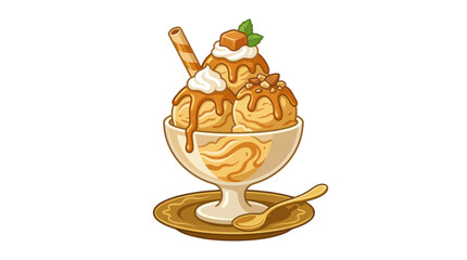 Delicious Caramel Ice Cream Sundae with Nuts and Wafer © rara