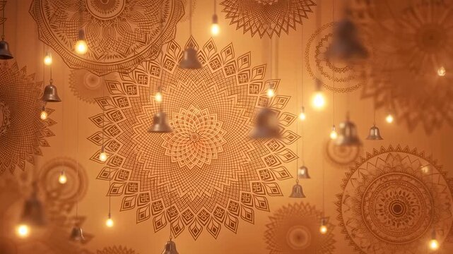 Decorative mandala patterns with hanging bells and warm lights. Ideal for creating a serene and inviting atmosphere in home decor or wellness spaces