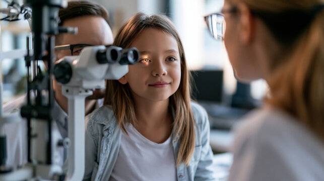 Faceless female doctor examines young girl's vision in bright medical clinic, vision testing, eye examination, clinical setting, pediatric vision care, with copy space