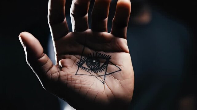Hand revealing eye of providence symbol in triangle, cosing into fist, symbolizing secret knowledge, Freemasonry, occult power, mystery, conspiracy, magic, and hidden truths