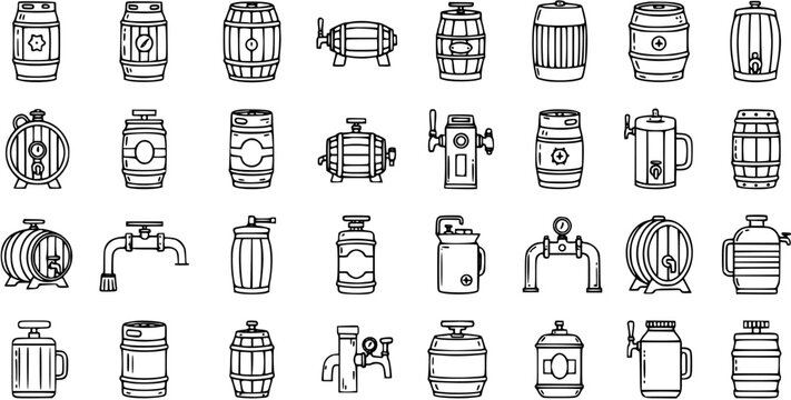 Black and White Line Art Beer and Brewing Icons Set. Hand-Drawn Outline Collection of Barrels, Kegs, Taps, and Beer Containers for Alcoholic Beverages Industry.