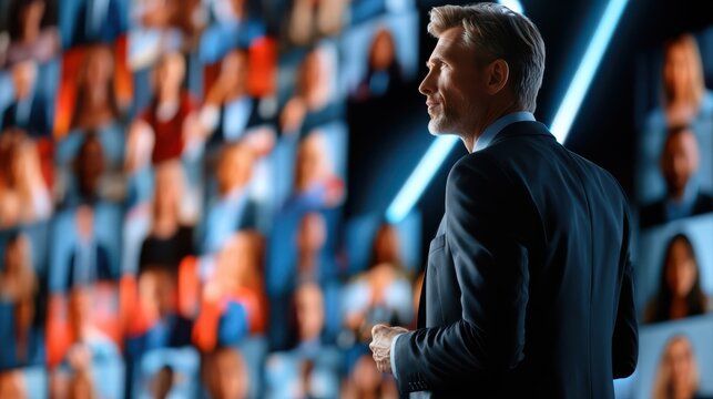A corporate executive hosting a global town hall meeting with employees, fostering communication and collaboration in a professional business setting.